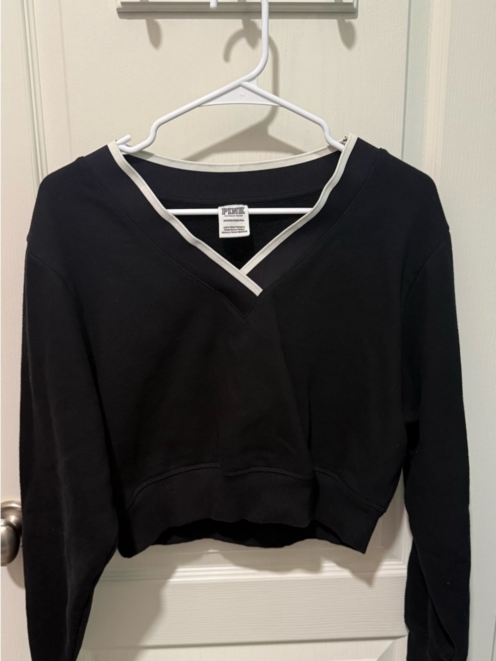 PINK Black V-Neck Pullover with White Trim